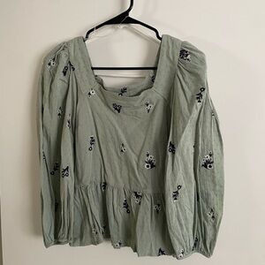 Sage Embroidered Floral Square Neck Top